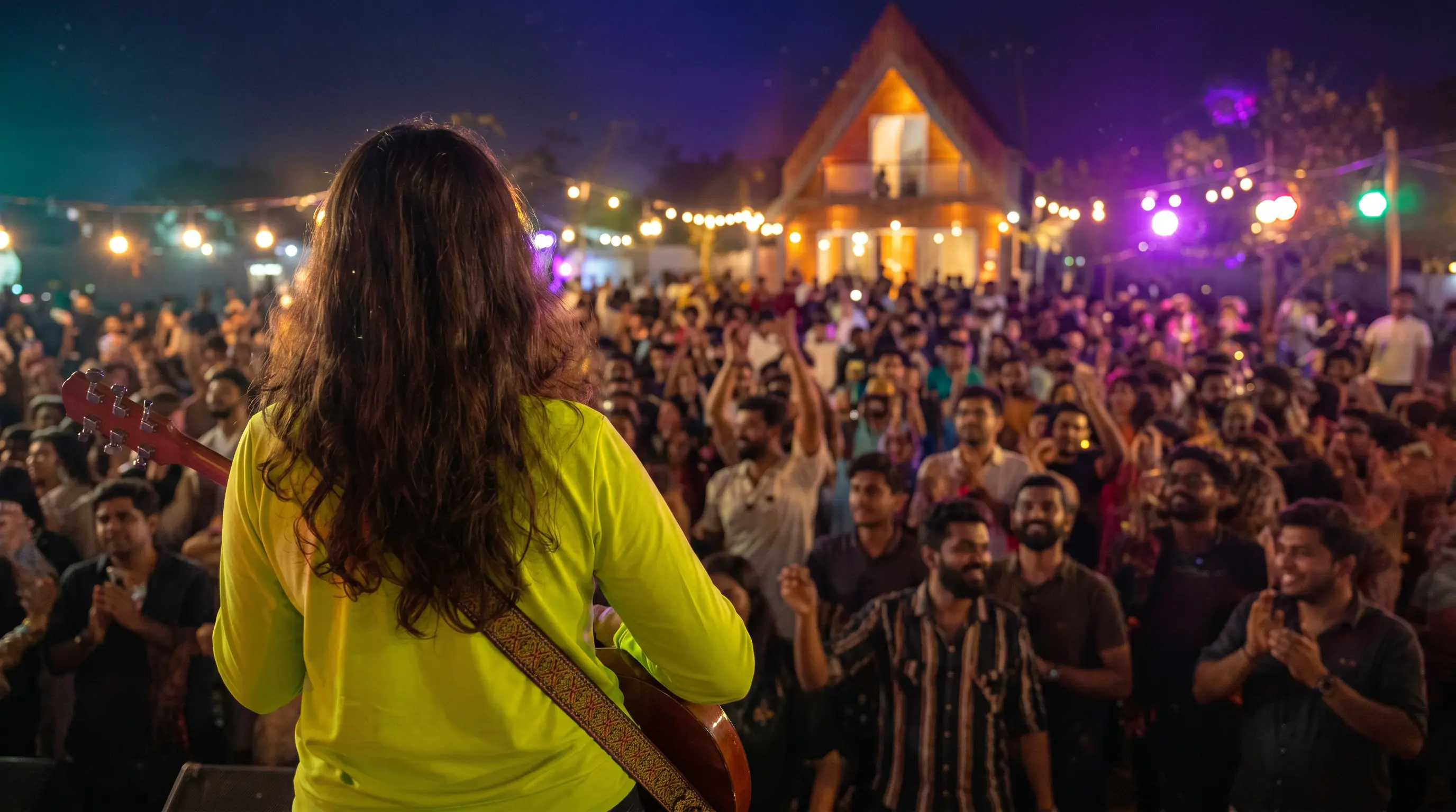 Gauri Tidke on stage facing a packed outdoor crowd